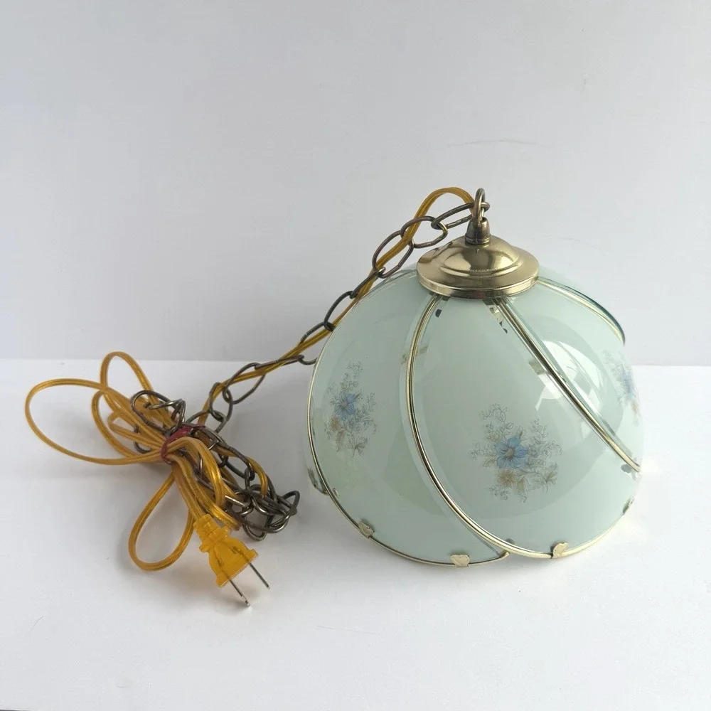 VTG Boudoir Swag Lamp *Does Not Work* Victorian Glass Panel Floral Brass Frame